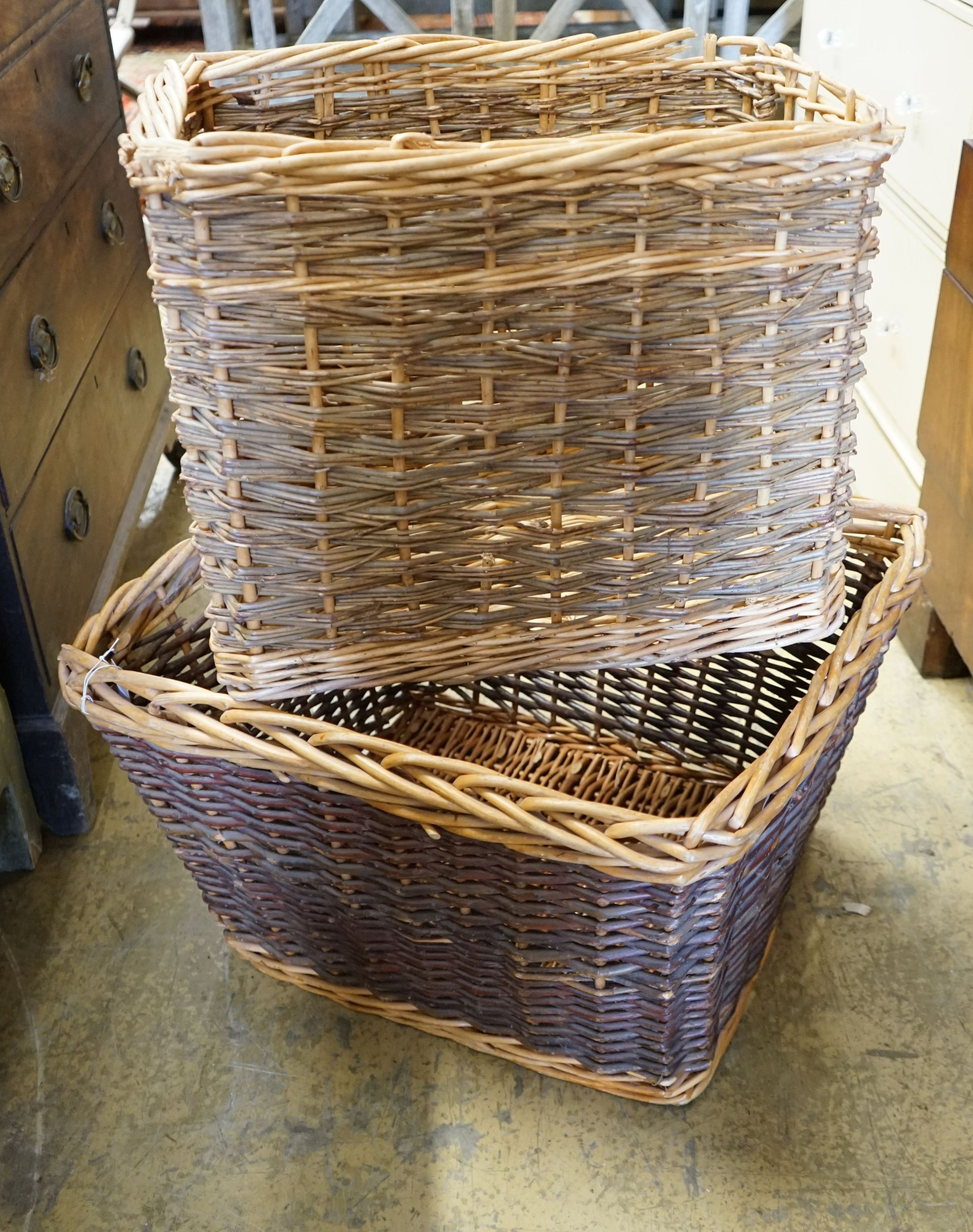 Two rectangular wicker baskets, larger width 63cm, height 42cm